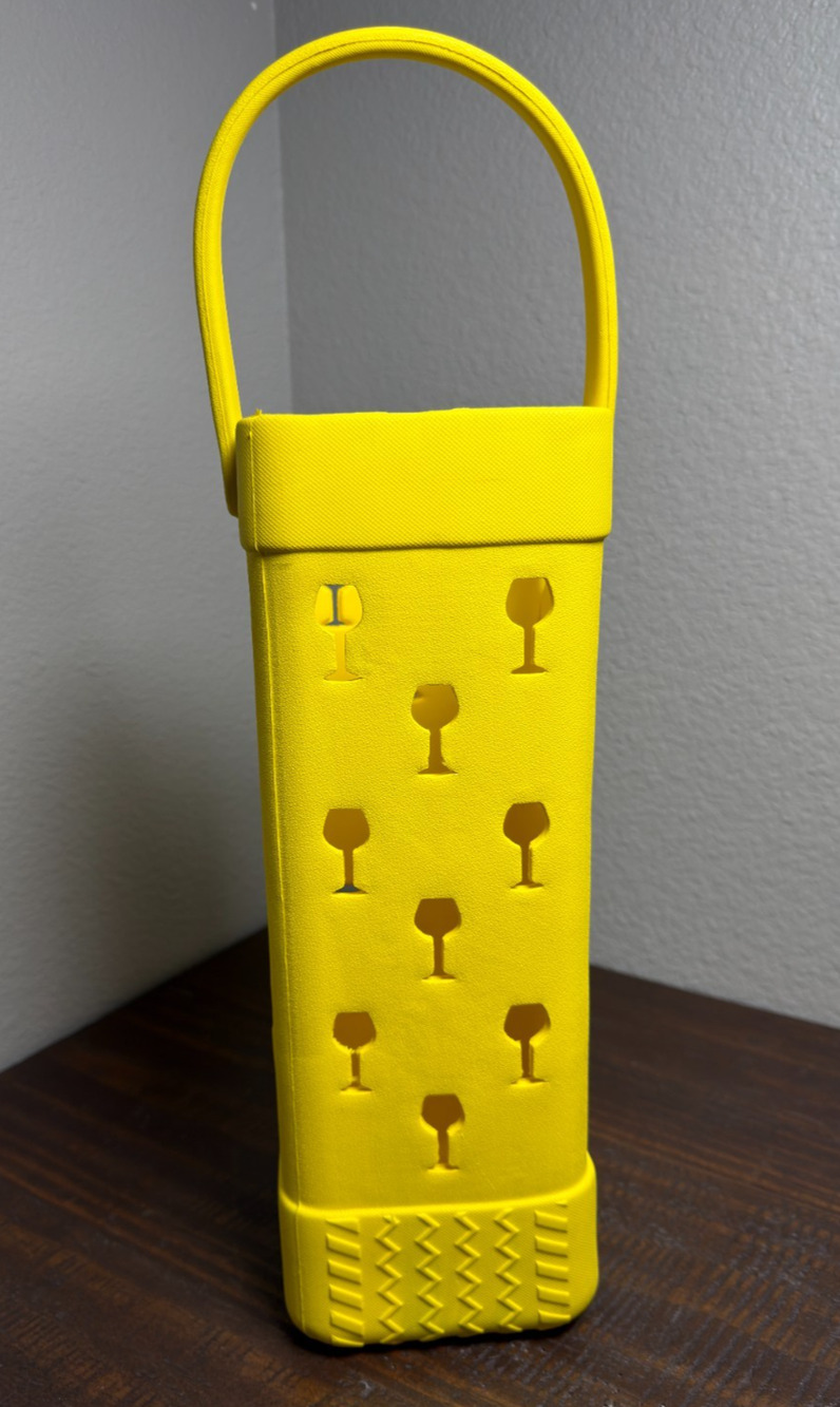 BYO Bogg Yellow Silicone Bag Tote Single Bottle Carrier Wine Glass Shape Cutouts